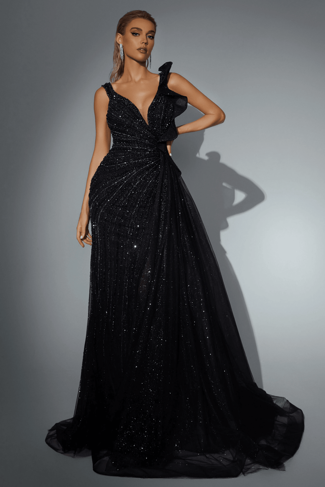 Gothic Black Glitter Embellished Evening Gown with Draped Shoulder Detail