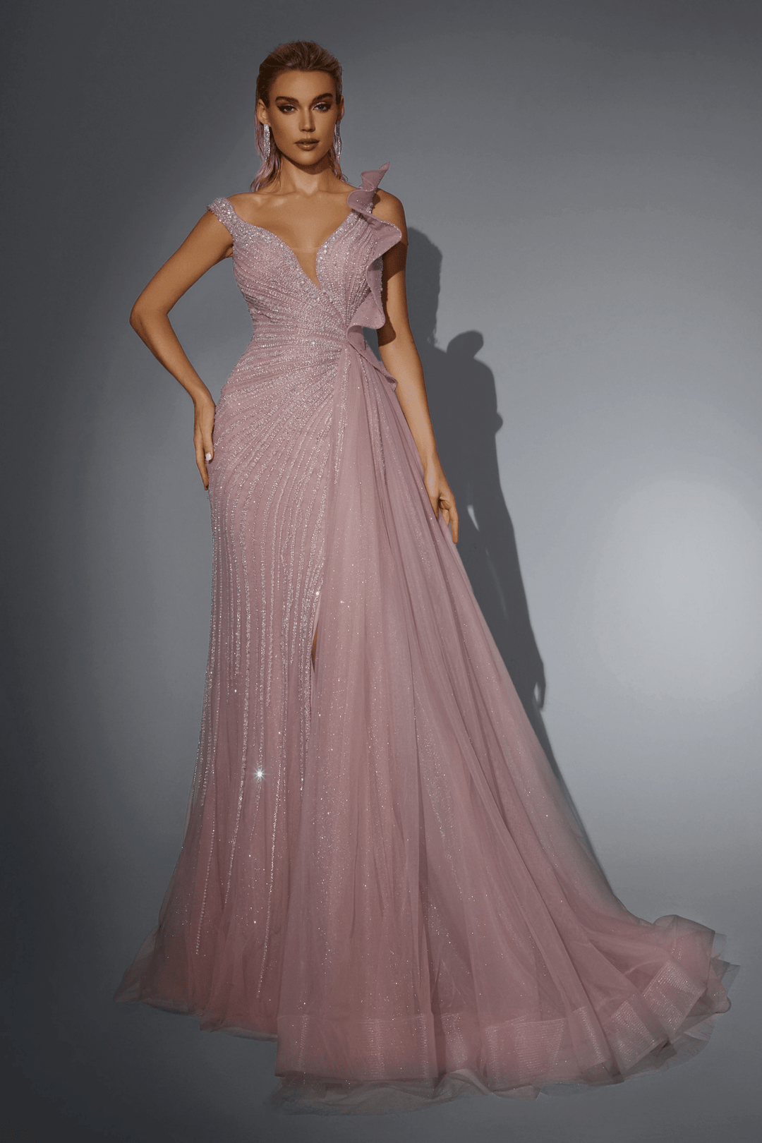 Blush Pink Glitter Embellished Evening Gown with Draped Shoulder Detail - Black Designer Sequin Gown with High Slit Plus Size - WonderlandByLilian