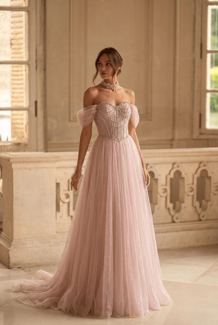 Blush Pink Glitter Tulle Evening Gown with Beaded Corset Bodice and Off - Shoulder Sleeves Romantic Princess Formal Dress Plus Size - WonderlandByLilian