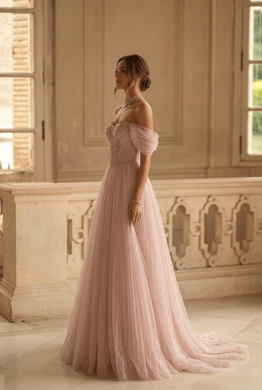 Blush Pink Glitter Tulle Evening Gown with Beaded Corset Bodice and Off-Shoulder Sleeves Romantic Princess Formal Dress Plus Size