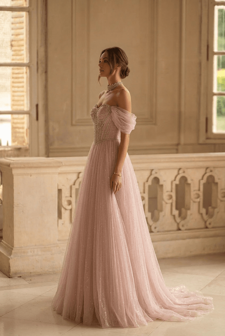 Blush Pink Glitter Tulle Evening Gown with Beaded Corset Bodice and Off-Shoulder Sleeves Romantic Princess Formal Dress Plus Size