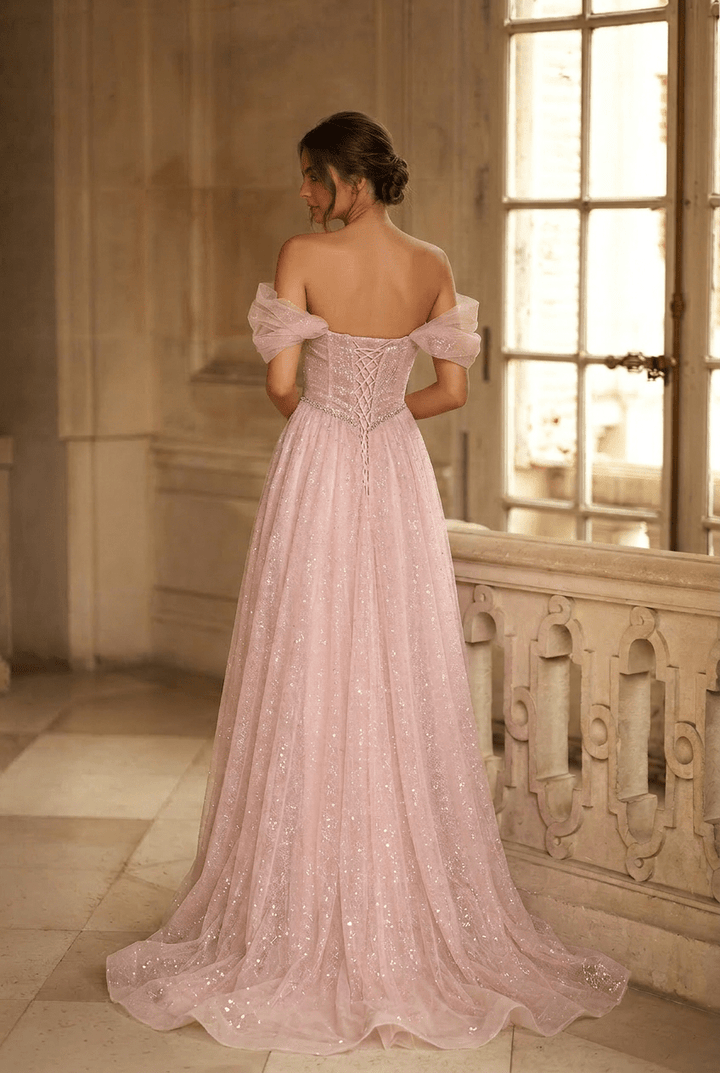 Blush Pink Glitter Tulle Evening Gown with Beaded Corset Bodice and Off - Shoulder Sleeves Romantic Princess Formal Dress Plus Size - WonderlandByLilian