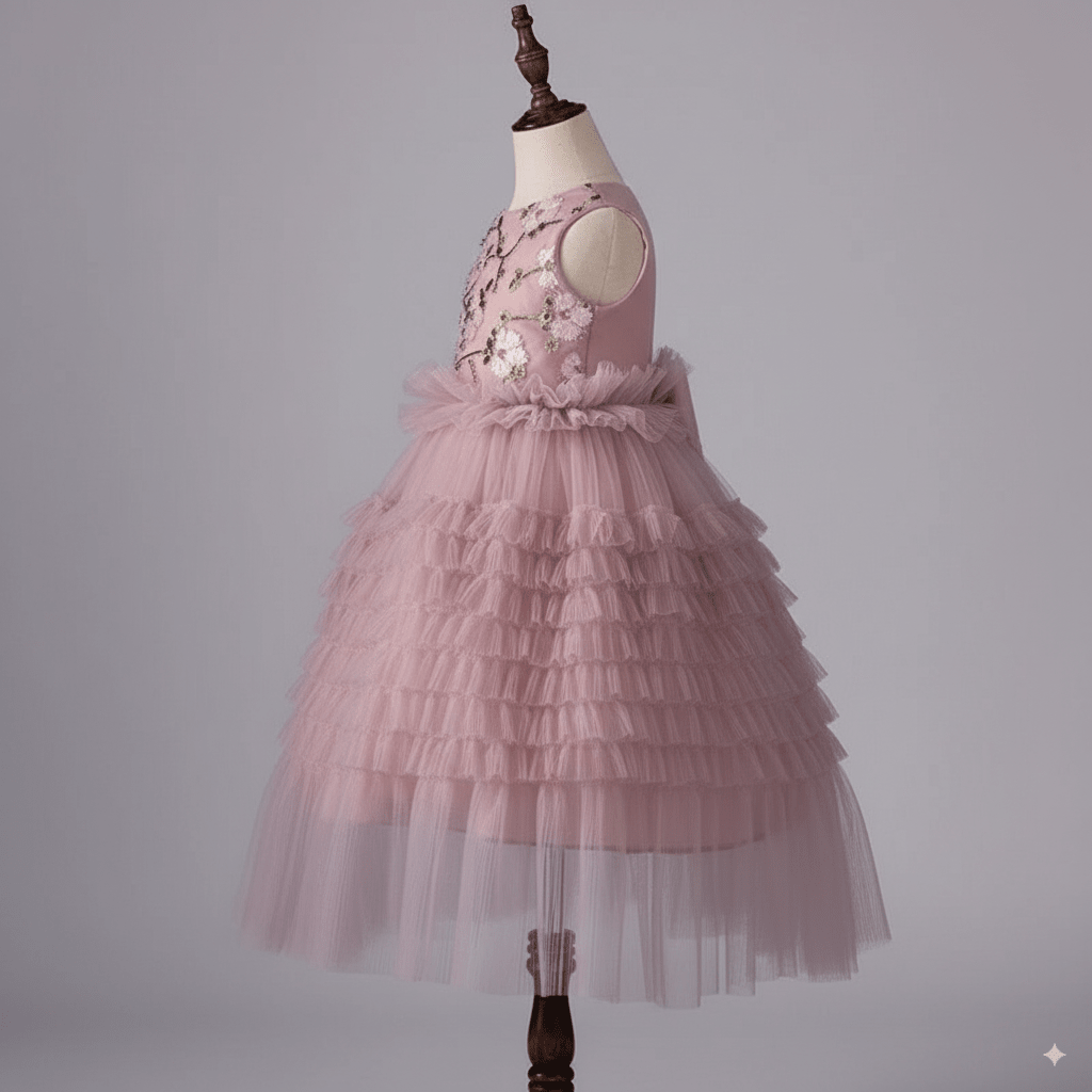 Blush Pink Layered Tulle Ruffle Flower Girl Dress with Embroidered – Special Occasion Flower Girl dress Plus Size - WonderlandByLilian