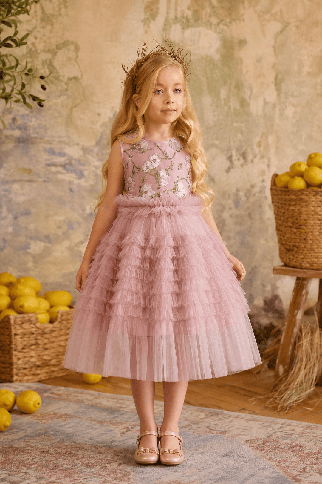 Blush Pink Layered Tulle Ruffle Flower Girl Dress with Embroidered – Special Occasion Flower Girl dress Plus Size - WonderlandByLilian