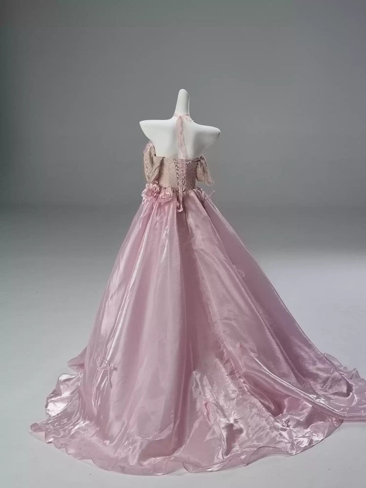 Blush Pink Off - Shoulder Evening Gown with Floral Appliqué – Satin Evening Dress with Lace - Up Back Plus Size - WonderlandByLilian