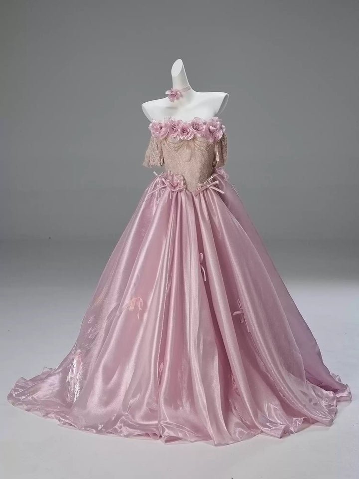 Blush Pink Off - Shoulder Evening Gown with Floral Appliqué – Satin Evening Dress with Lace - Up Back Plus Size - WonderlandByLilian