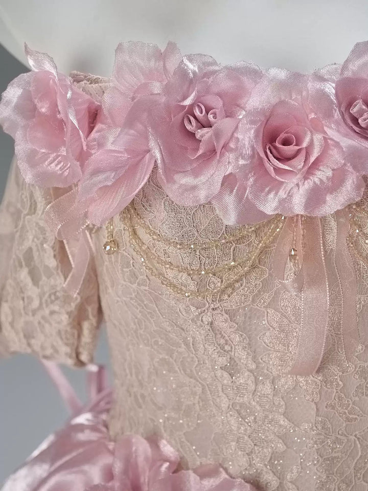 Blush Pink Off - Shoulder Evening Gown with Floral Appliqué – Satin Evening Dress with Lace - Up Back Plus Size - WonderlandByLilian