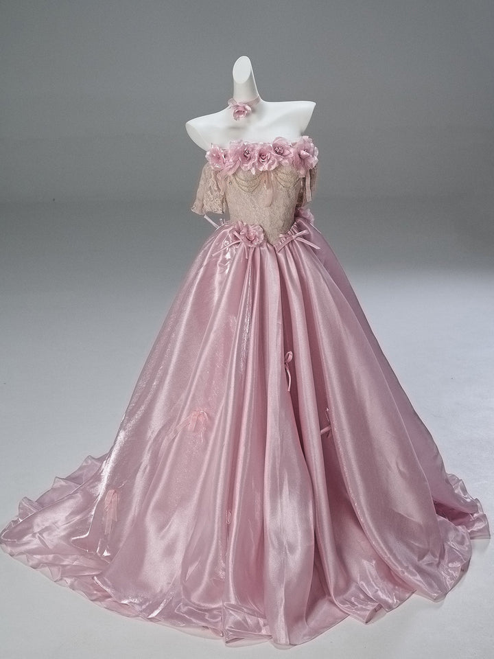 Blush Pink Off - Shoulder Evening Gown with Floral Appliqué – Satin Evening Dress with Lace - Up Back Plus Size - WonderlandByLilian