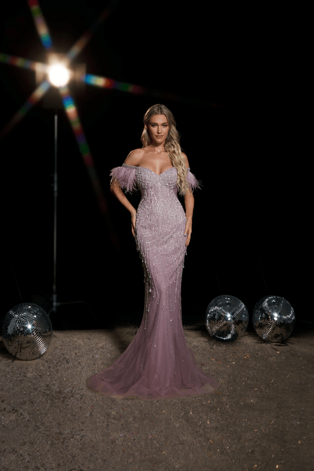 Blush Pink Off - Shoulder Sequin and Feather Dress - Designer Sequin Gown - Glitter Sequin Dress Plus Size - WonderlandByLilian