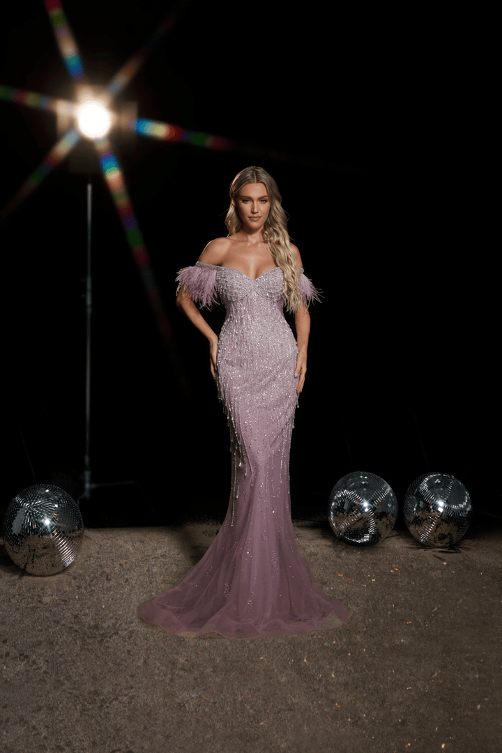 Blush Pink Off - Shoulder Sequin and Feather Dress - Designer Sequin Gown - Glitter Sequin Dress Plus Size - WonderlandByLilian