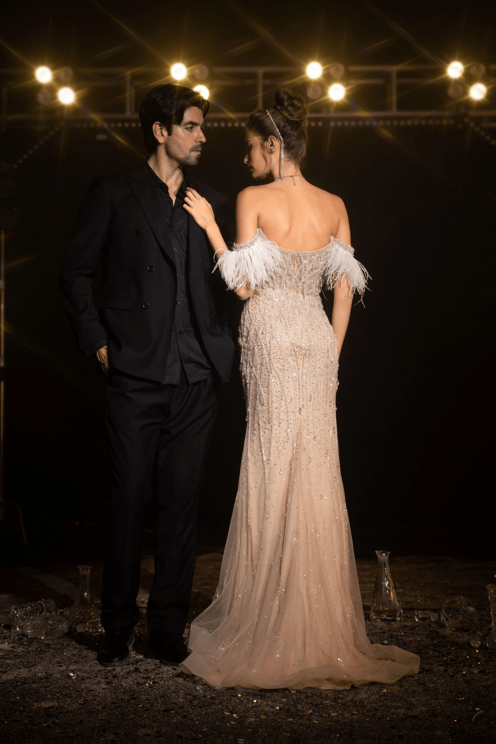Blush Pink Off - Shoulder Sequin and Feather Dress - Designer Sequin Gown - Glitter Sequin Dress Plus Size - WonderlandByLilian