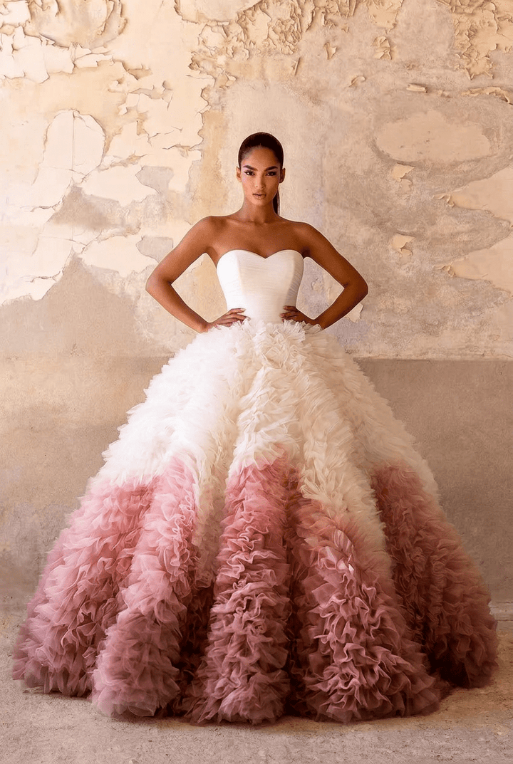 Blush Pink Ombre Ruffle Ball Gown with Strapless Corset Bodice Romantic Couture Princess Dress Fantasy Evening Gown Plus Size - WonderlandByLilian