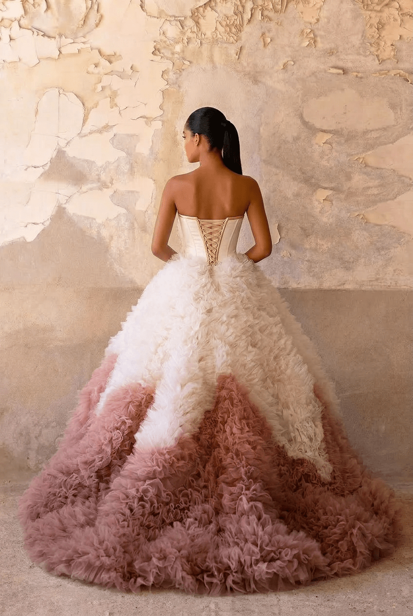 Blush Pink Ombre Ruffle Ball Gown with Strapless Corset Bodice Romantic Couture Princess Dress Fantasy Evening Gown Plus Size - WonderlandByLilian