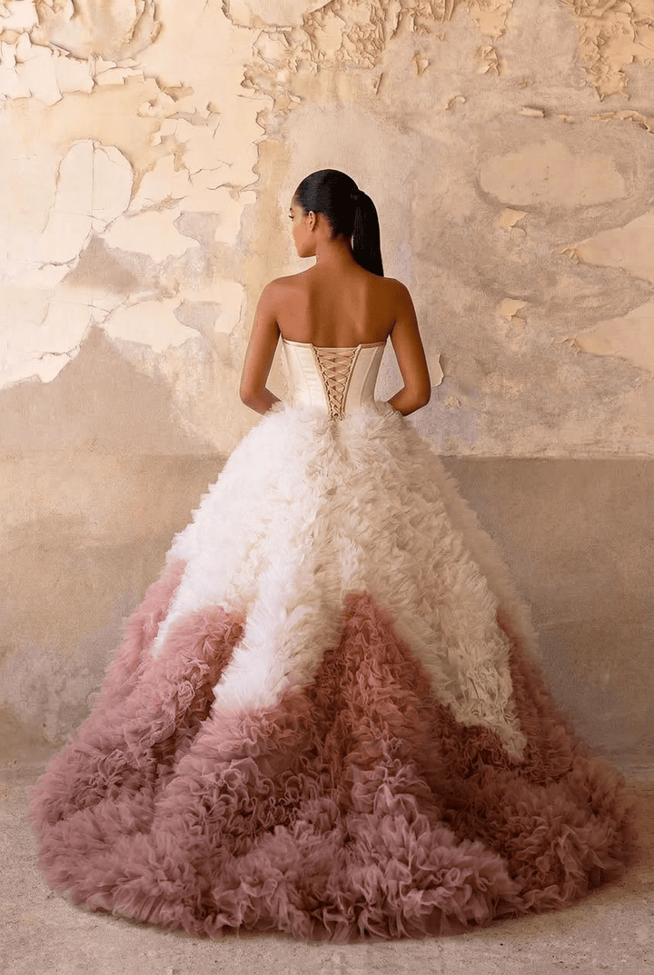 Blush Pink Ombre Ruffle Ball Gown with Strapless Corset Bodice Romantic Couture Princess Dress Fantasy Evening Gown Plus Size - WonderlandByLilian