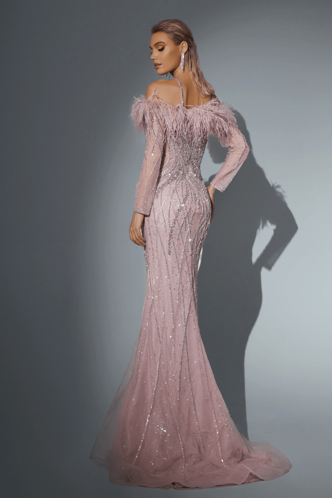 Blush Pink Pretty Sequin Dress with Long Sleeve - Illusion Formal Gown - Sequin and Feather Dress Plus Size - WonderlandByLilian