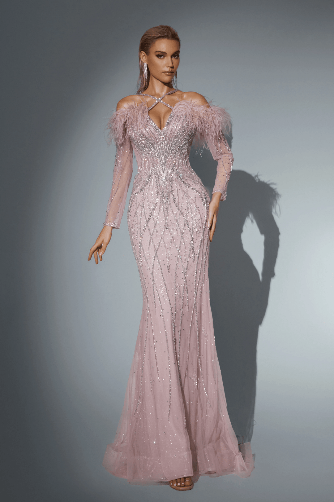 Blush Pink Pretty Sequin Dress with Long Sleeve - Illusion Formal Gown