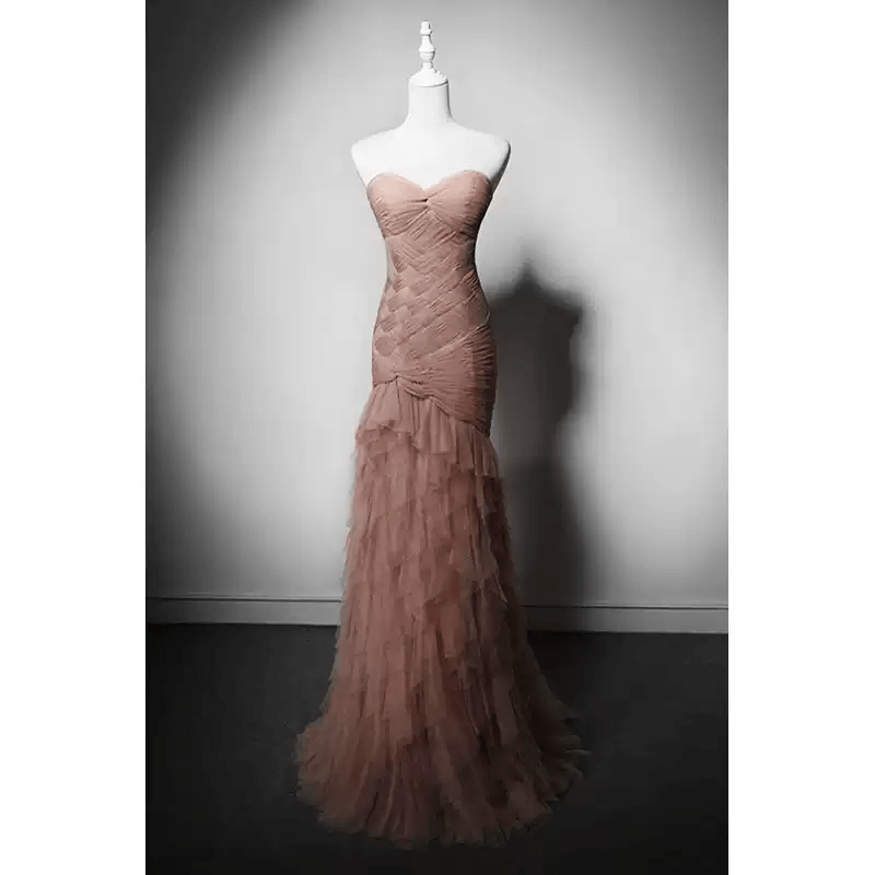 Blush Pink Ruffled Evening Gown with Corset Back - Layered Tulle Ruffl WonderlandByLilian Blush Pink Ruffled Evening Gown with Corset Back - Layered Tulle Ruffl WonderlandByLilian