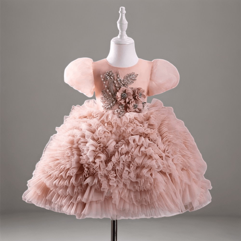 Blush Pink Ruffled Tulle Toddler Flower Girl Dress with Puff Sleeves – Baby Flower Girl Dress Plus Size - WonderlandByLilian