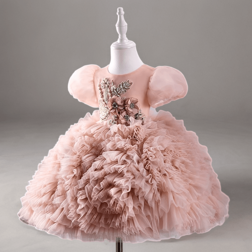 Blush Pink Ruffled Tulle Toddler Flower Girl Dress with Puff Sleeves – Baby Flower Girl Dress Plus Size - WonderlandByLilian