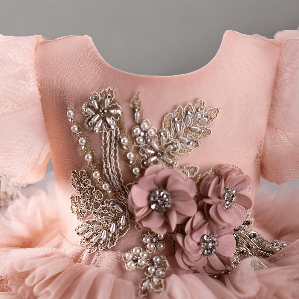 Blush Pink Ruffled Tulle Toddler Flower Girl Dress with Puff Sleeves – Baby Flower Girl Dress Plus Size - WonderlandByLilian