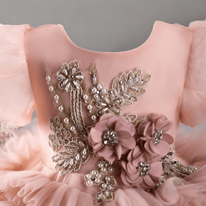 Blush Pink Ruffled Tulle Toddler Flower Girl Dress with Puff Sleeves – Baby Flower Girl Dress Plus Size - WonderlandByLilian