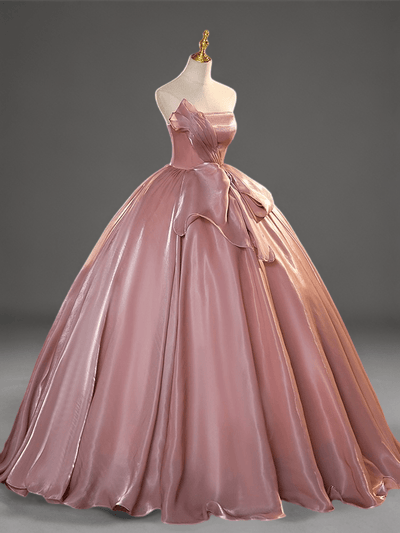 Blush Pink Satin Evening Dress - Corset Back Wedding Dress with Luxe Bow Detail Plus Size - WonderlandByLilian