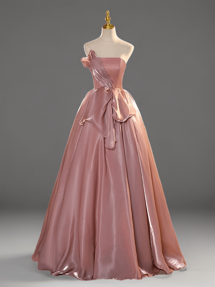 Blush Pink Satin Evening Dress - Corset Back Wedding Dress with Luxe Bow Detail Plus Size - WonderlandByLilian