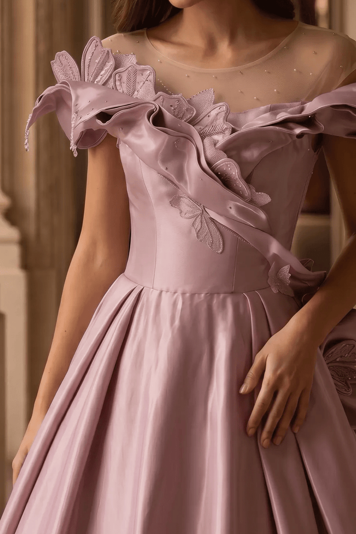 Blush Pink Satin Evening Gown with Leaf Appliqué – Off - Shoulder Evening Dress with Corset Back Plus Size - WonderlandByLilian