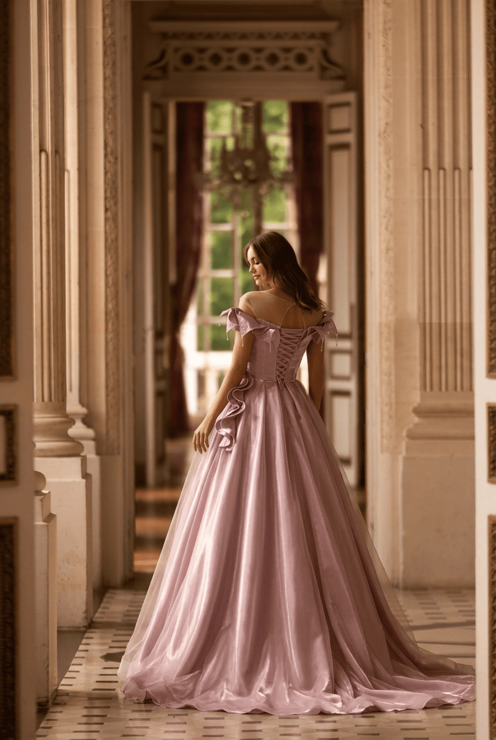 Blush Pink Satin Evening Gown with Leaf Appliqué – Off - Shoulder Evening Dress with Corset Back Plus Size - WonderlandByLilian