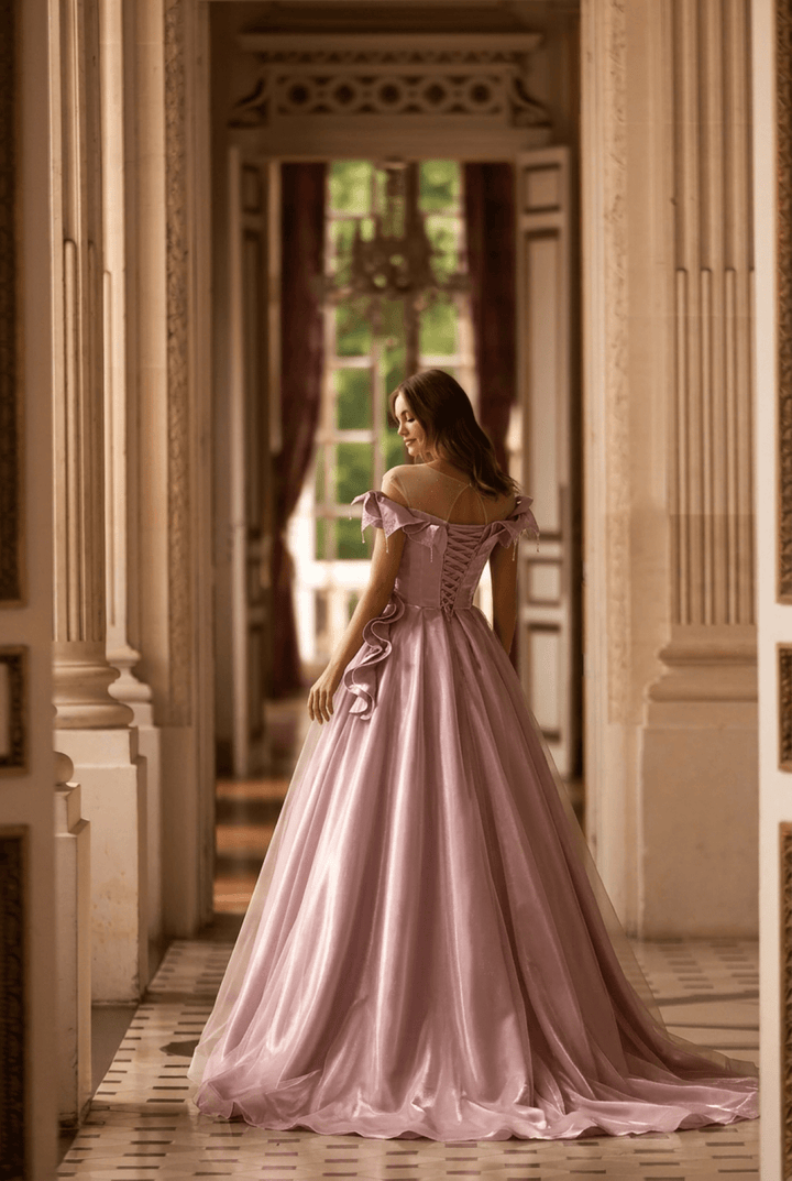 Blush Pink Satin Evening Gown with Leaf Appliqué – Off - Shoulder Evening Dress with Corset Back Plus Size - WonderlandByLilian