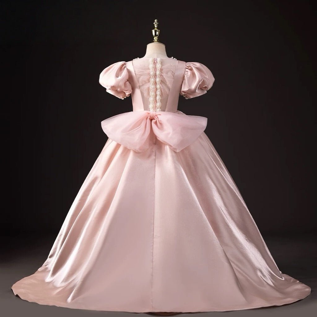 Blush Pink Satin Flower Girl Dress with Puff Sleeves – Blush Flower Girl Dress with Pearl Plus Size - WonderlandByLilian