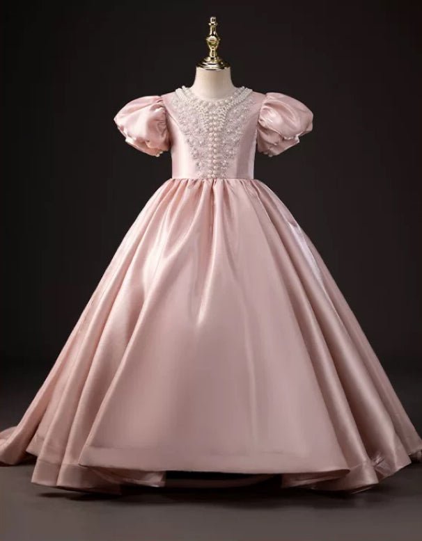 Blush Pink Satin Flower Girl Dress with Puff Sleeves – Blush Flower Girl Dress with Pearl Plus Size - WonderlandByLilian