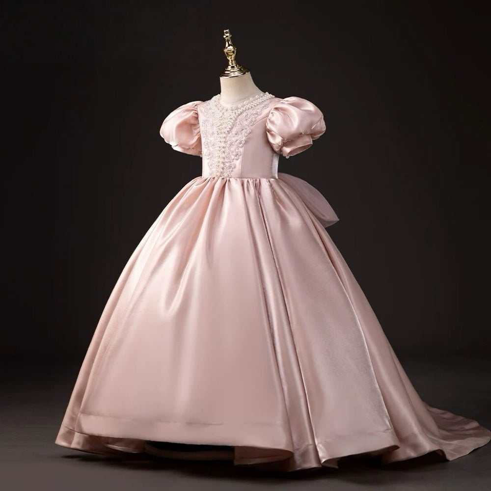 Blush Pink Satin Flower Girl Dress with Puff Sleeves – Blush Flower Girl Dress with Pearl Plus Size - WonderlandByLilian