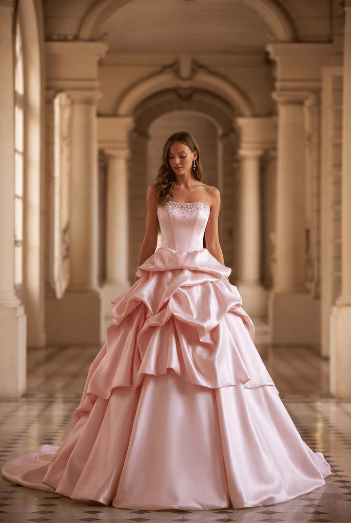 Blush Pink Satin Princess Ball Gown with Sculpted Tiered Skirt Strapless Corset Couture Evening Dress Romantic Formal Gown Plus Size - WonderlandByLilian