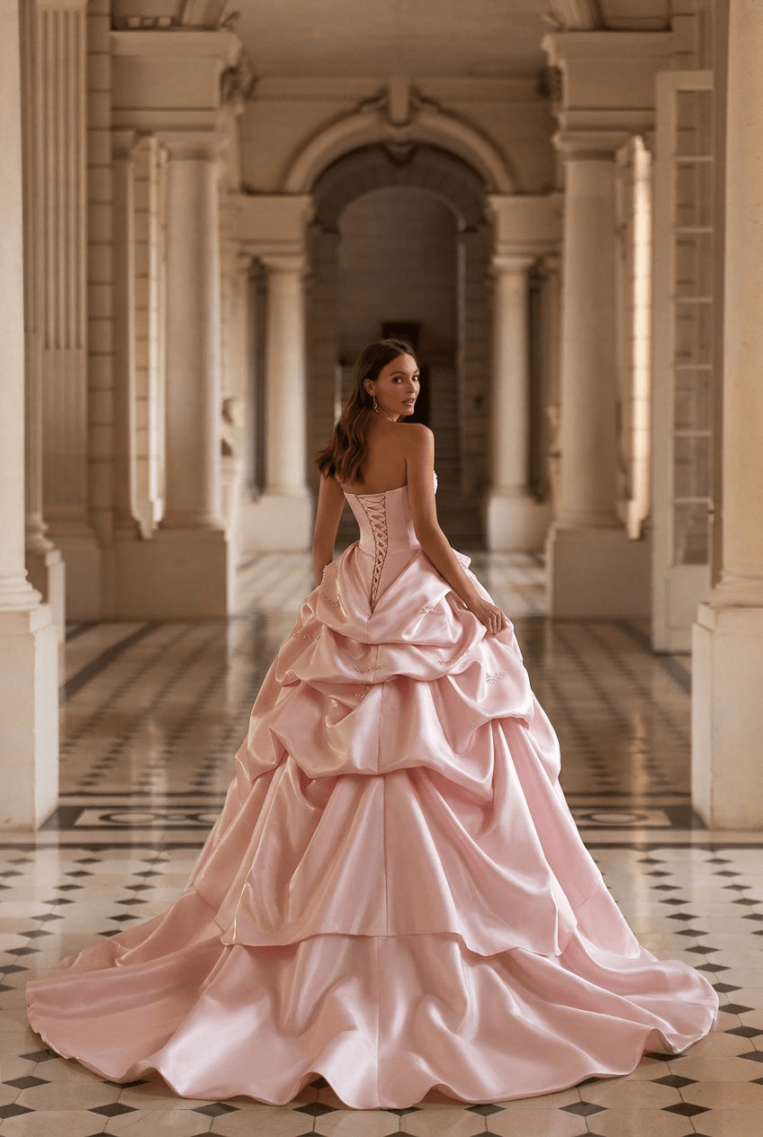 Blush Pink Satin Princess Ball Gown with Sculpted Tiered Skirt Strapless Corset Couture Evening Dress Romantic Formal Gown Plus Size - WonderlandByLilian