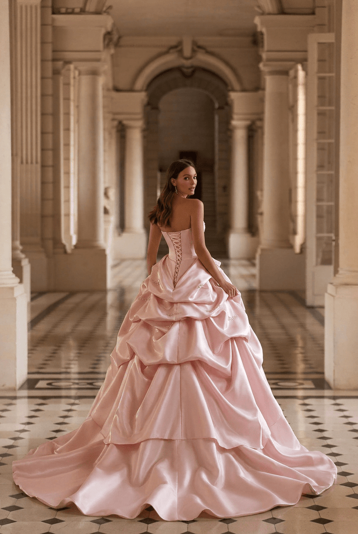 Blush Pink Satin Princess Ball Gown with Sculpted Tiered Skirt Strapless Corset Couture Evening Dress Romantic Formal Gown Plus Size - WonderlandByLilian