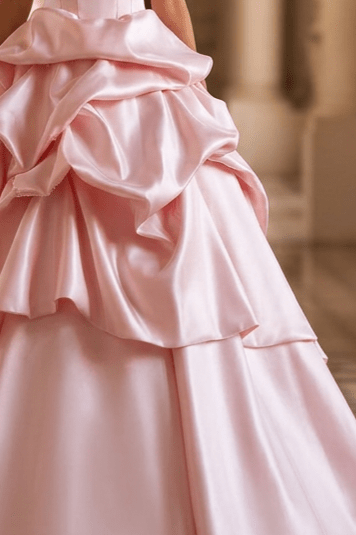 Blush Pink Satin Princess Ball Gown with Sculpted Tiered Skirt Strapless Corset Couture Evening Dress Romantic Formal Gown Plus Size - WonderlandByLilian