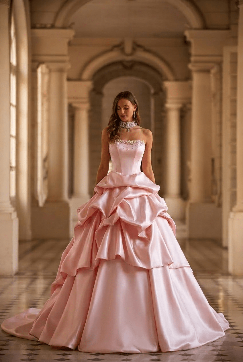 Blush Pink Satin Princess Ball Gown with Sculpted Tiered Skirt Strapless Corset Couture Evening Dress Romantic Formal Gown Plus Size Size 16 / Pink