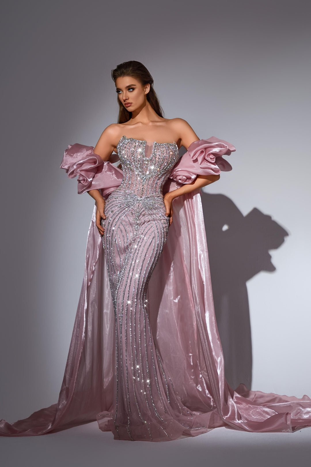 Blush Pink Sequin Dress with Strapless Corset and Dramatic Overskirt – Sparkly Maxi Dress with Tulle Plus Size - WonderlandByLilian