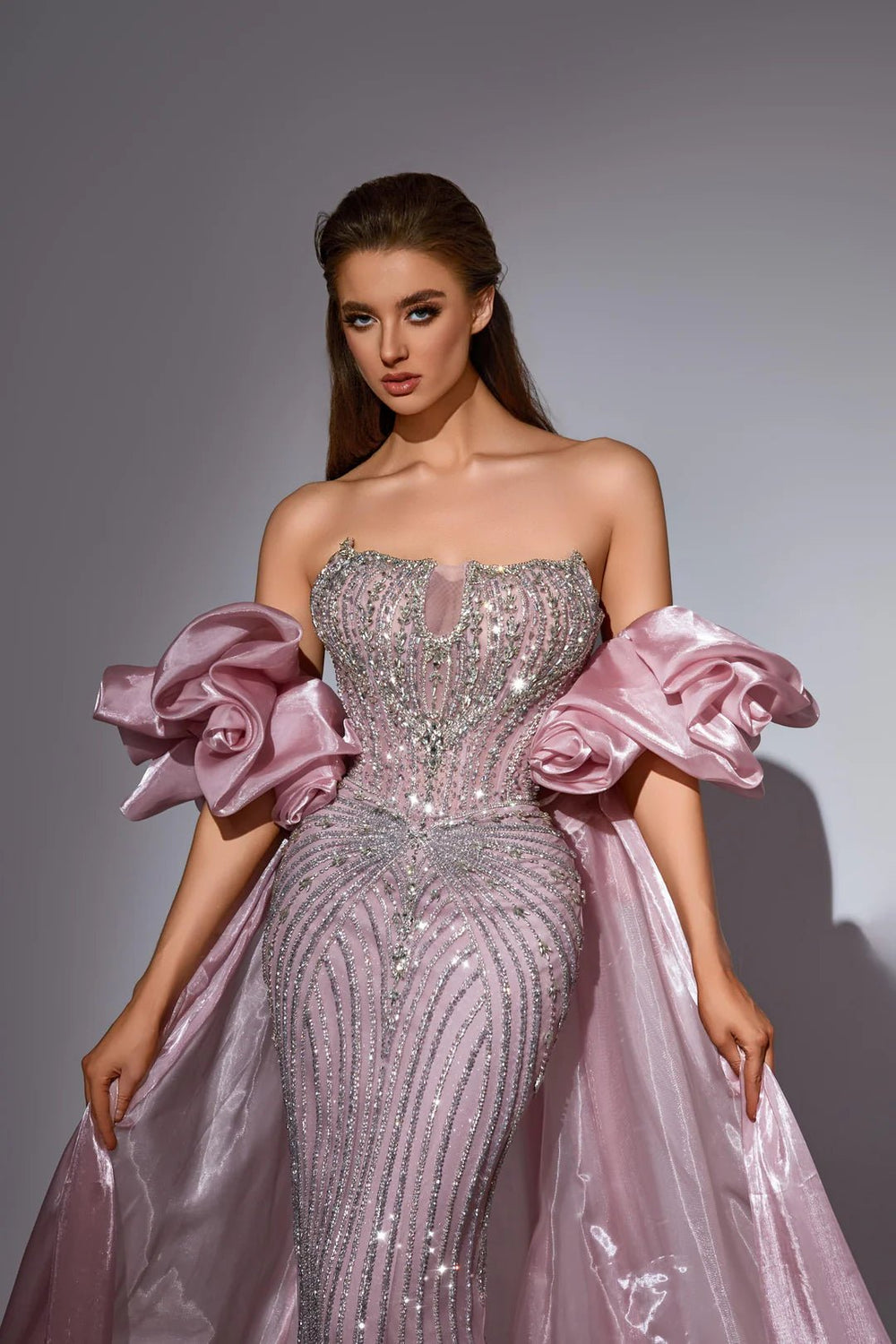 Blush Pink Sequin Dress with Strapless Corset and Dramatic Overskirt – Sparkly Maxi Dress with Tulle Plus Size - WonderlandByLilian