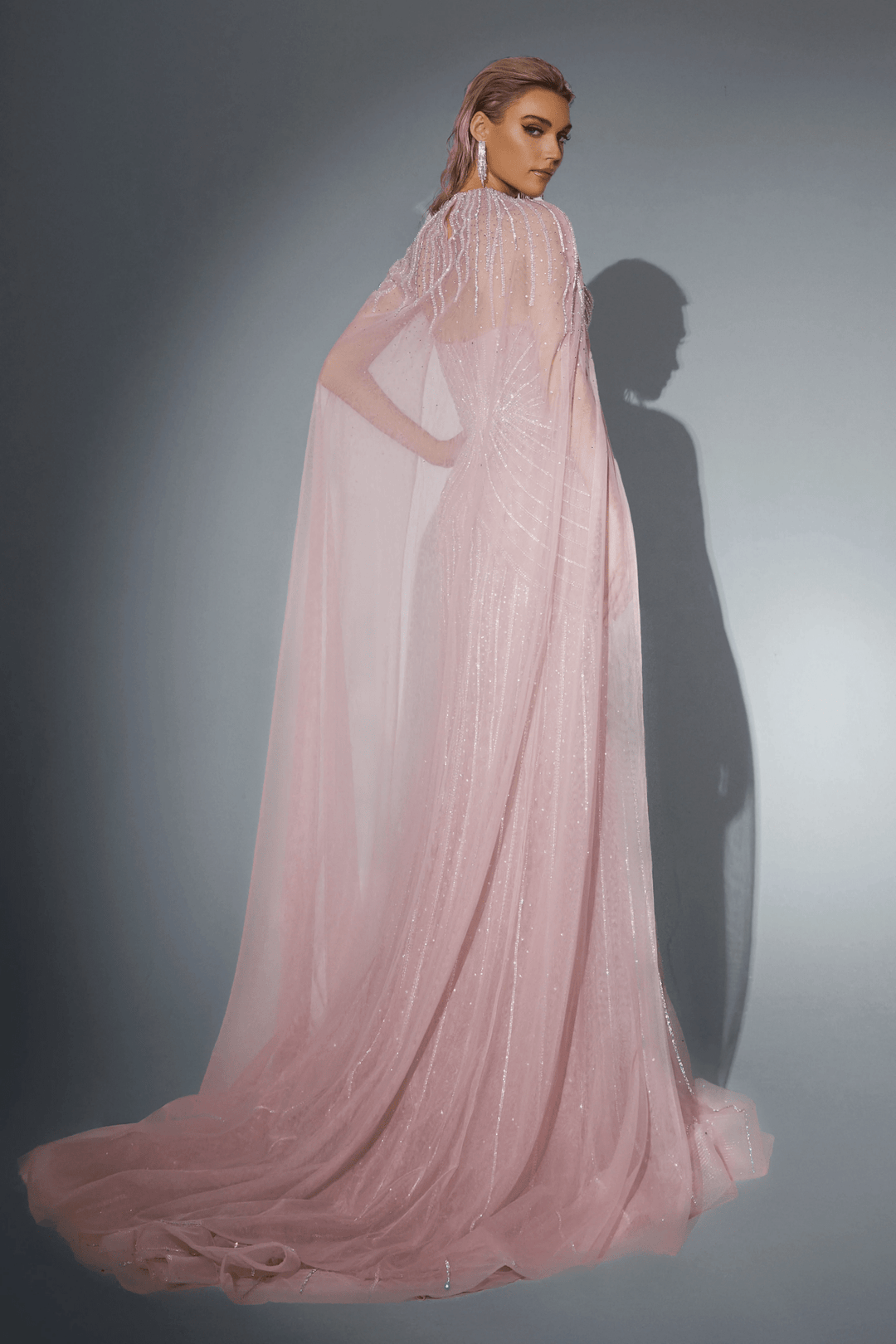 Blush Pink Sequin Evening Dress with Cape Overlay - Elegant Designer Sequin Gown for Wedding Guest - Pretty Sequin Ball Gown Plus Size - WonderlandByLilian