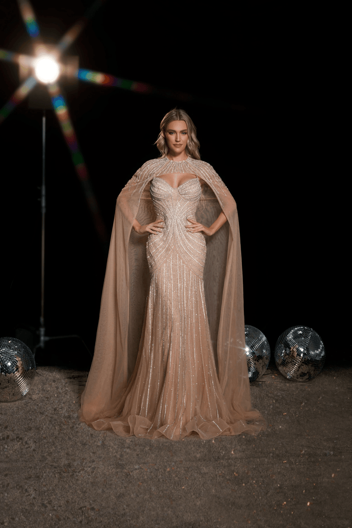 Blush Pink Sequin Evening Dress with Cape Overlay - Elegant Designer Sequin Gown for Wedding Guest - Pretty Sequin Ball Gown Plus Size - WonderlandByLilian
