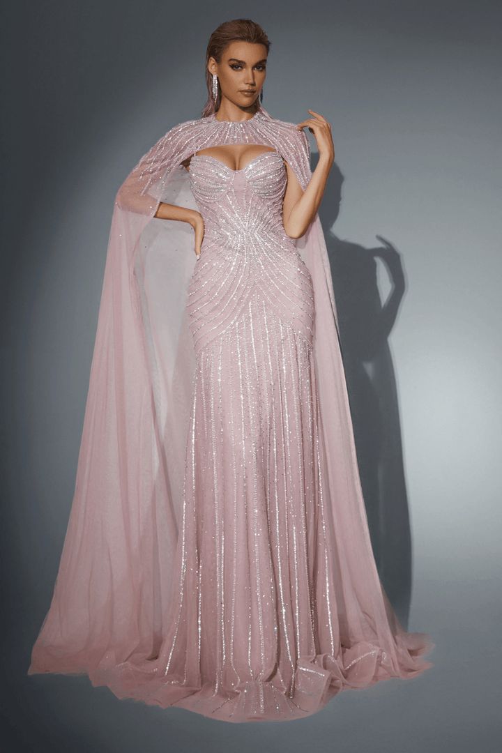 Blush Pink Sequin Evening Dress with Cape Overlay - Elegant Designer Sequin Gown for Wedding Guest - Pretty Sequin Ball Gown Plus Size - WonderlandByLilian