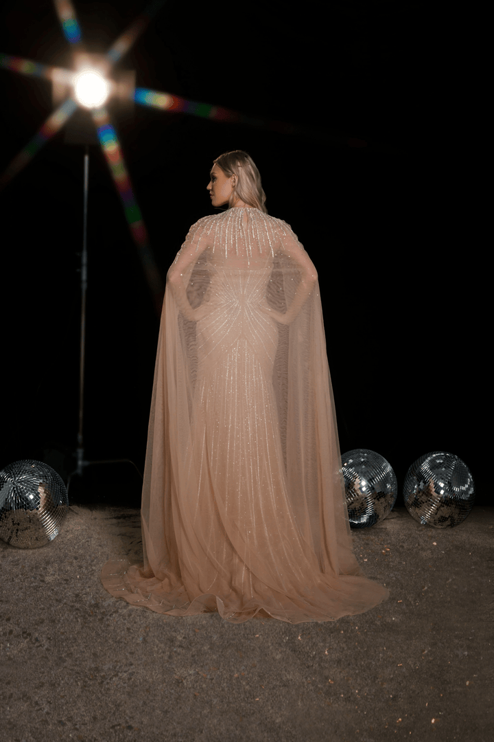 Blush Pink Sequin Evening Dress with Cape Overlay - Elegant Designer Sequin Gown for Wedding Guest - Pretty Sequin Ball Gown Plus Size - WonderlandByLilian