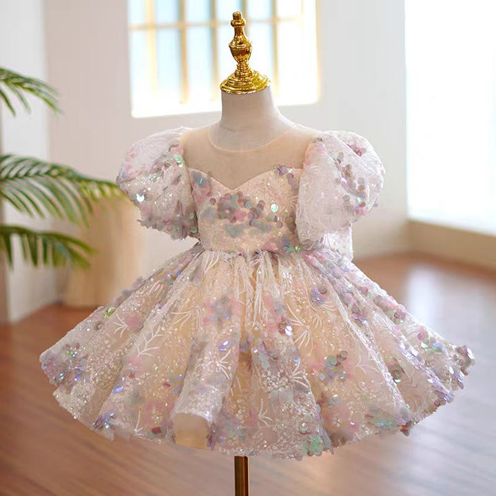 Blush Pink Sequin Tulle Flower Girl Dress for Wedding – Puff Sleeve Plus Size - WonderlandByLilian