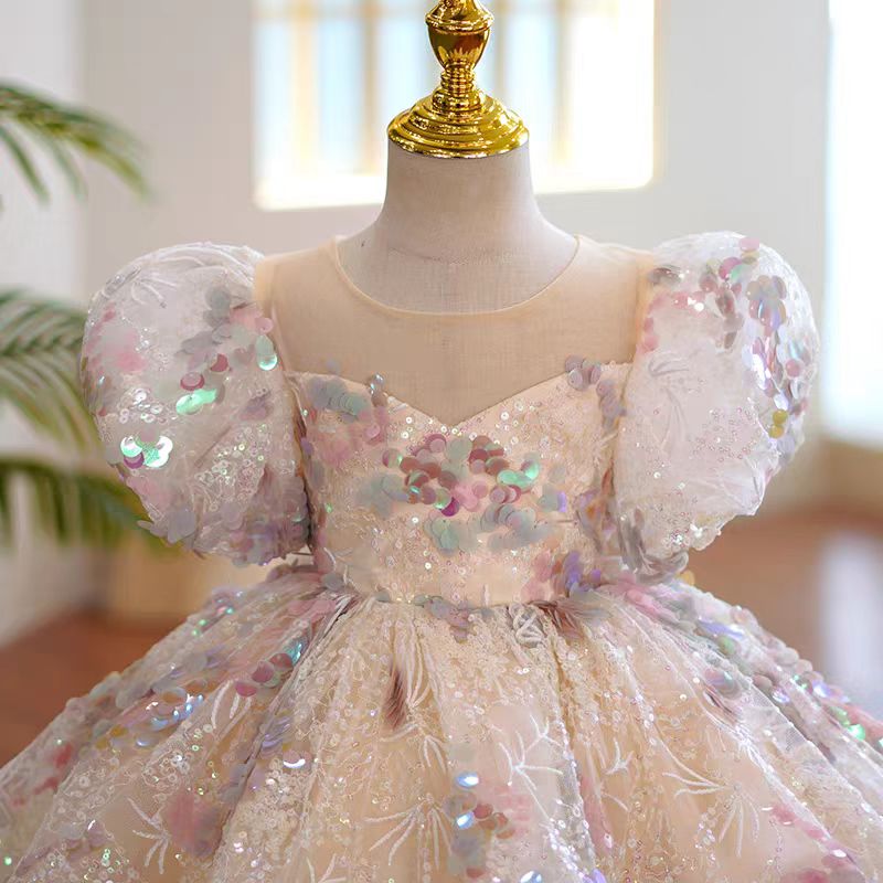 Blush Pink Sequin Tulle Flower Girl Dress for Wedding – Puff Sleeve Plus Size - WonderlandByLilian