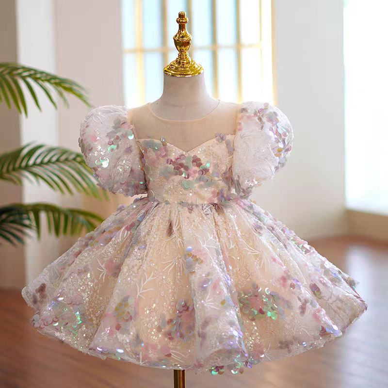 Blush Pink Sequin Tulle Flower Girl Dress for Wedding – Puff Sleeve Plus Size - WonderlandByLilian