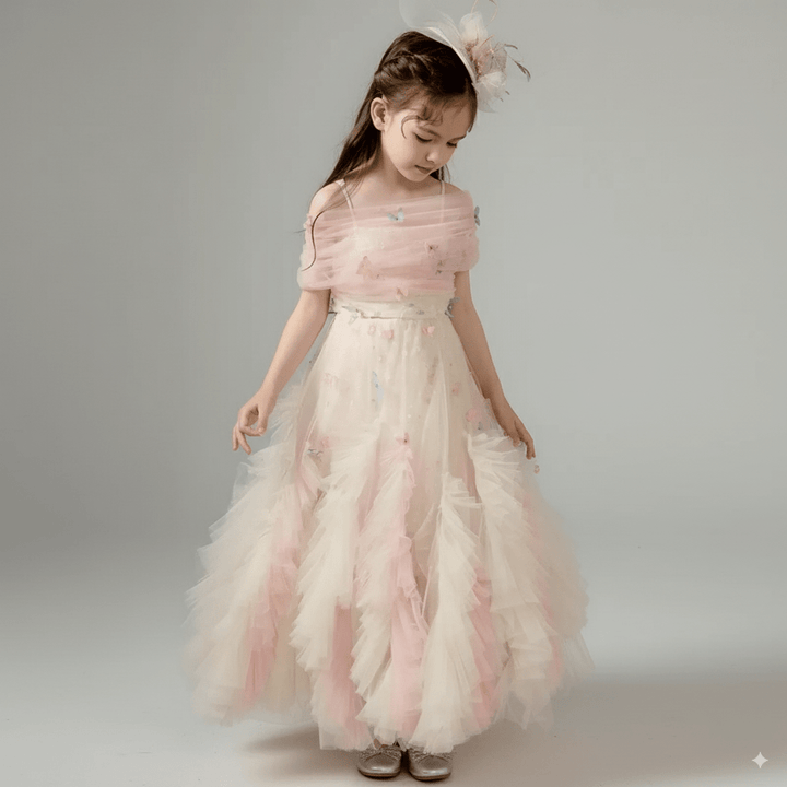 Blush Pink Tulle Flower Girl Dress with Off Shoulder – Special Occasion Flower Girl Dress with Butterfly Appliqué Plus Size - WonderlandByLilian