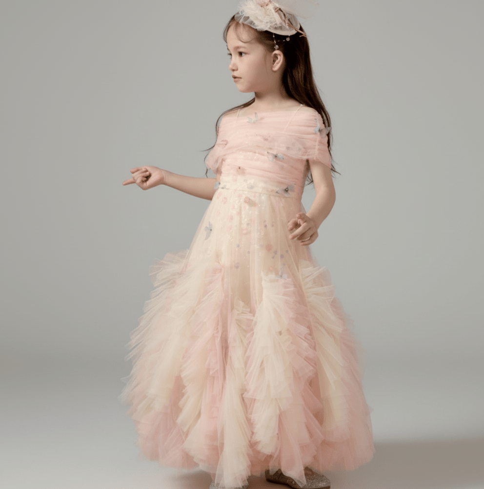 Blush Pink Tulle Flower Girl Dress with Off Shoulder – Special Occasion Flower Girl Dress with Butterfly Appliqué Plus Size - WonderlandByLilian