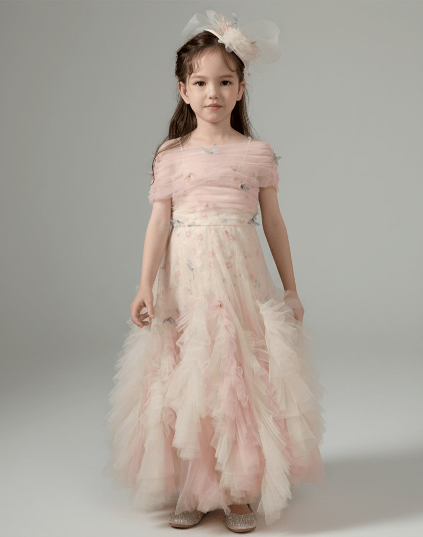 Blush Pink Tulle Flower Girl Dress with Off Shoulder – Special Occasion Flower Girl Dress with Butterfly Appliqué Plus Size - WonderlandByLilian